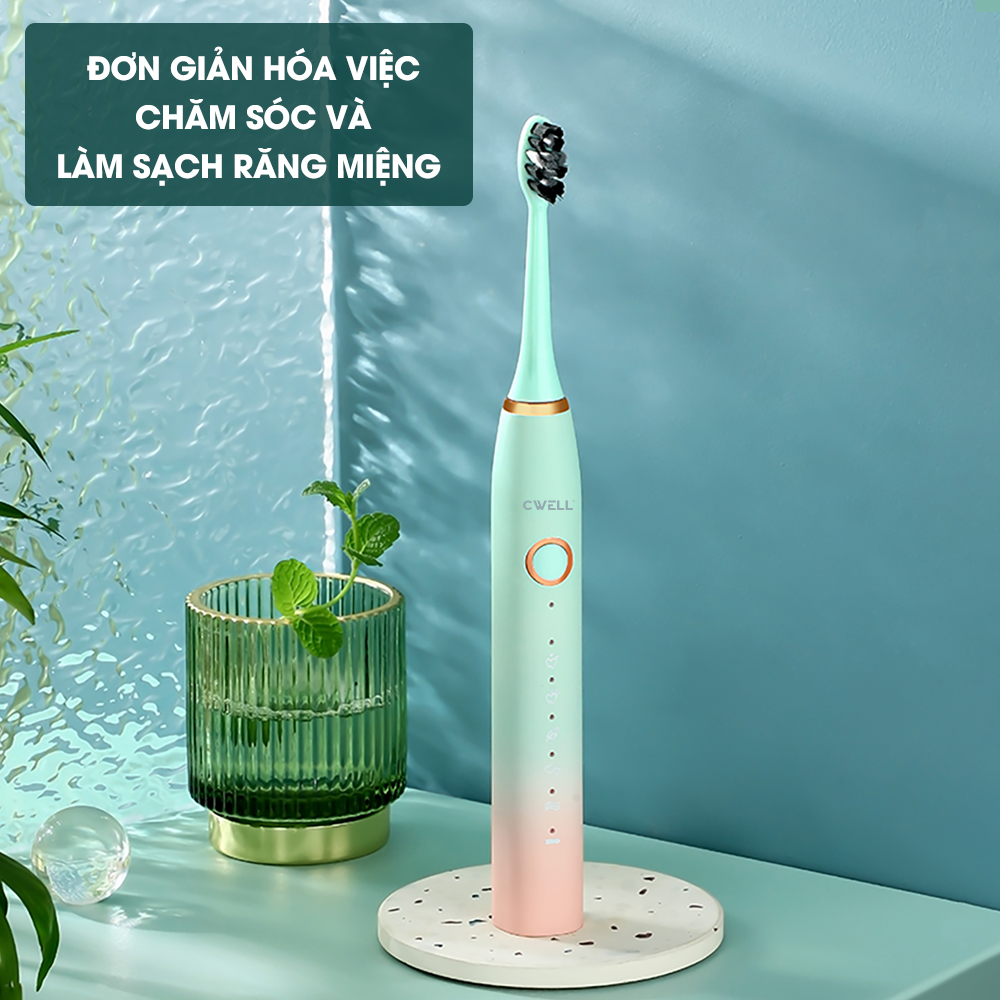 Bàn chải điện CWELL S1 PRO, 5 chế độ đánh răng tự động, tặng kèm 5 đầu bàn chải chống nước IPX8 chải sạch mảng bám tới 10X