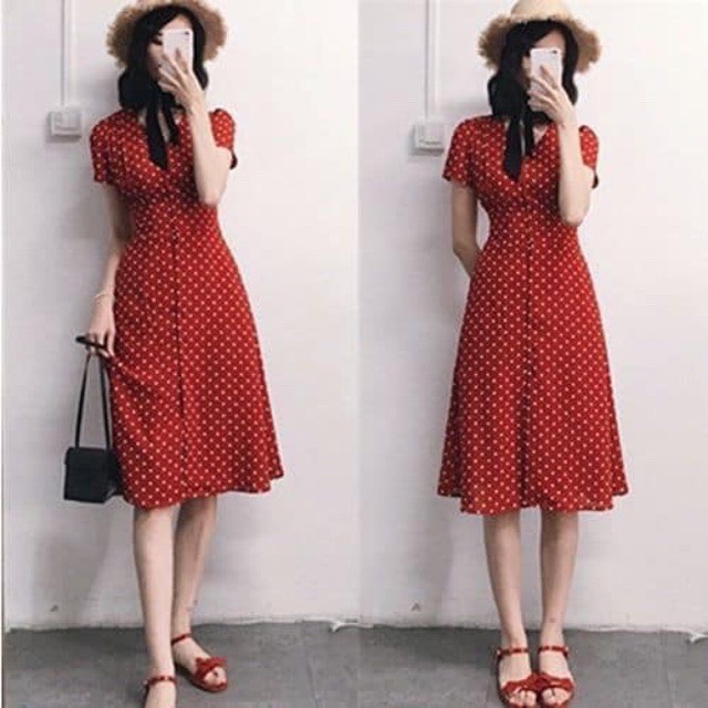 [NNY CLOTHING] Váy đỏ họa tiết chấm bi tay ngắn cổ V - V076