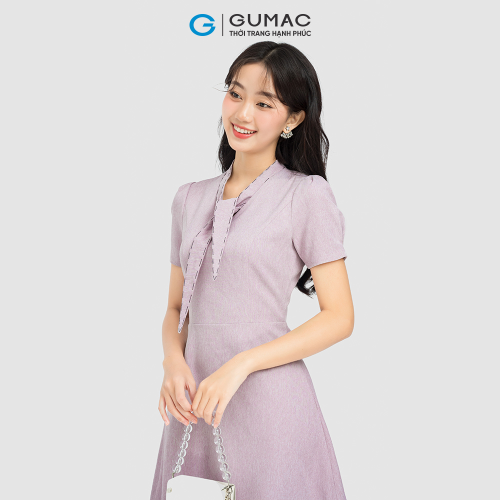 Đầm phối chỉ thắt nơ GUMAC DC08038 form A màu tím