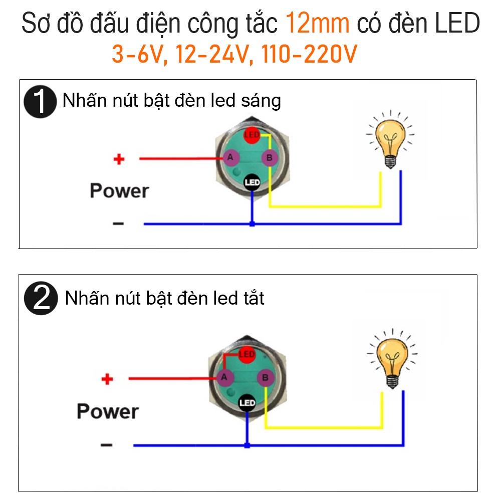 Nút công tắc nhấn giữ Tự khóa có LED 12mm (3V-6V, 12-24V, 110-220V) Vỏ Kim loại chống nước