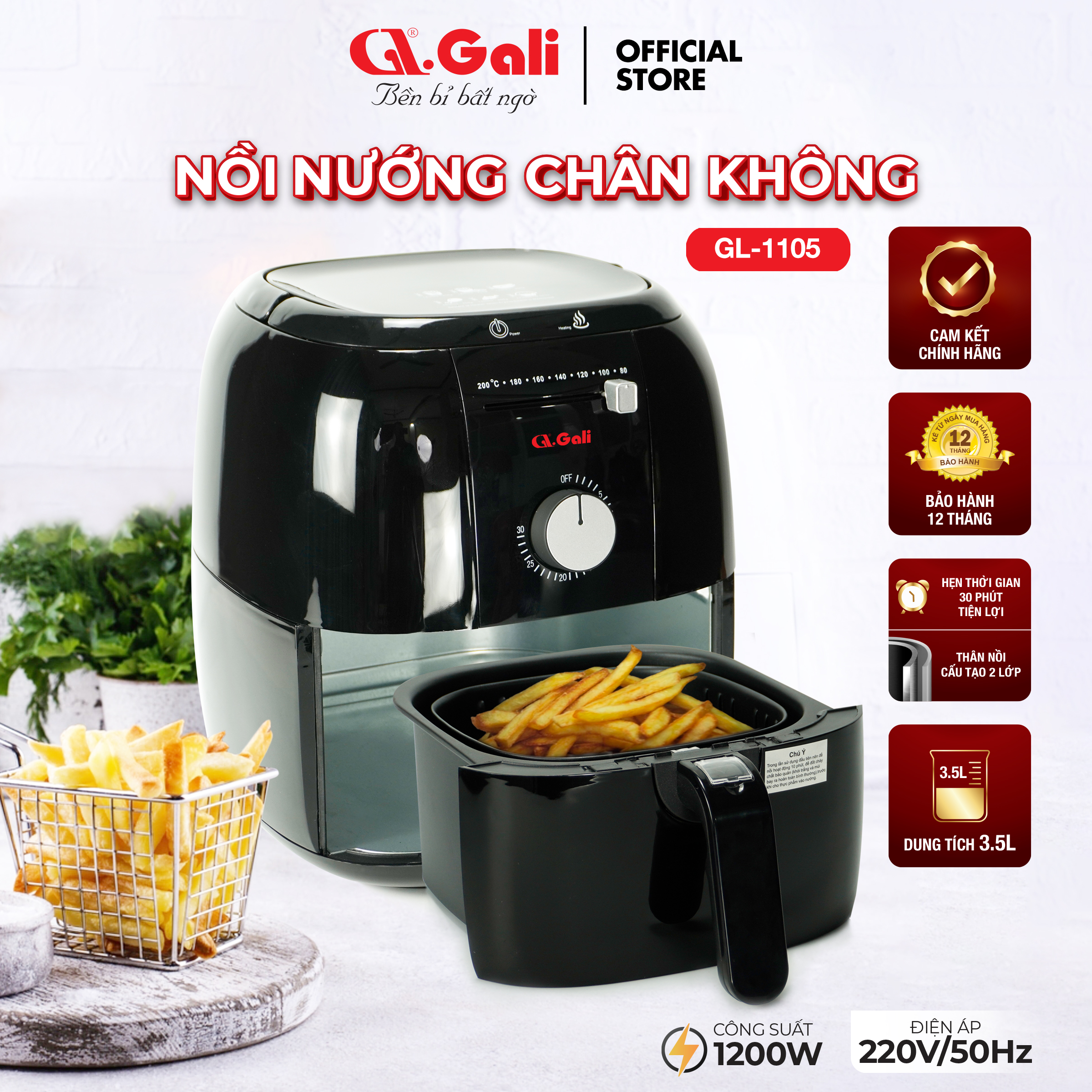 Nồi chiên không dầu Gali GL-1120 dung tích lớn 6 lít, đa chức năng nướng, hàng chính hãng 100%, bảo hành 24 tháng chính hãng