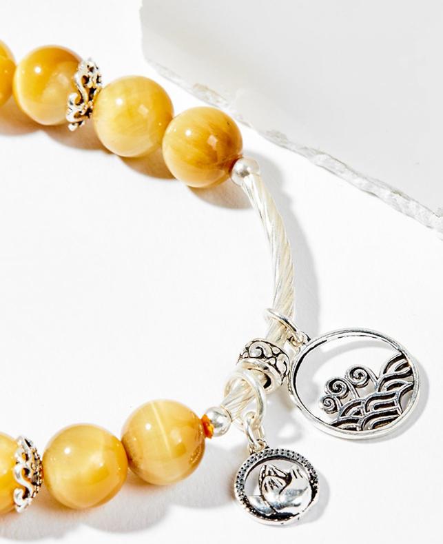 Vòng Tay Phong Thủy Nữ Đá Mắt Hổ Vàng Tâm Phối Charm Hoa Sen Bạc Mệnh Thổ, Kim Ngọc Quý Gemstones