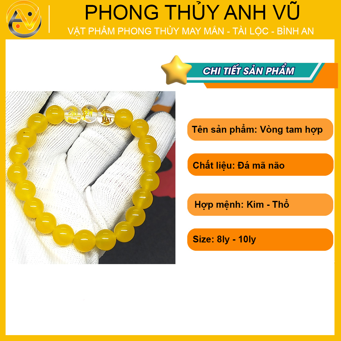 Vòng tay 12 con giáp đã khai quang - Vòng tam hợp dần ngọ tuất chất liệu mã não vàng - size 8 10ly cho nữ - may mắn tài lộc - Vòng Tam Hợp Anh Vũ