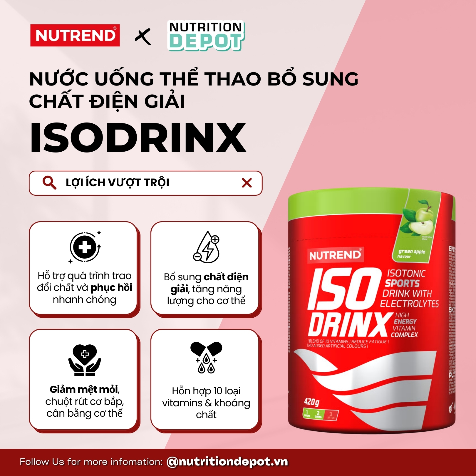 Nước uống thể thao bổ sung chất điện giải Nutrend Isodrinx vị Táo xanh - Sports Drink With Electrolytes (420g/hộp) - Nutrition Depot Vietnam