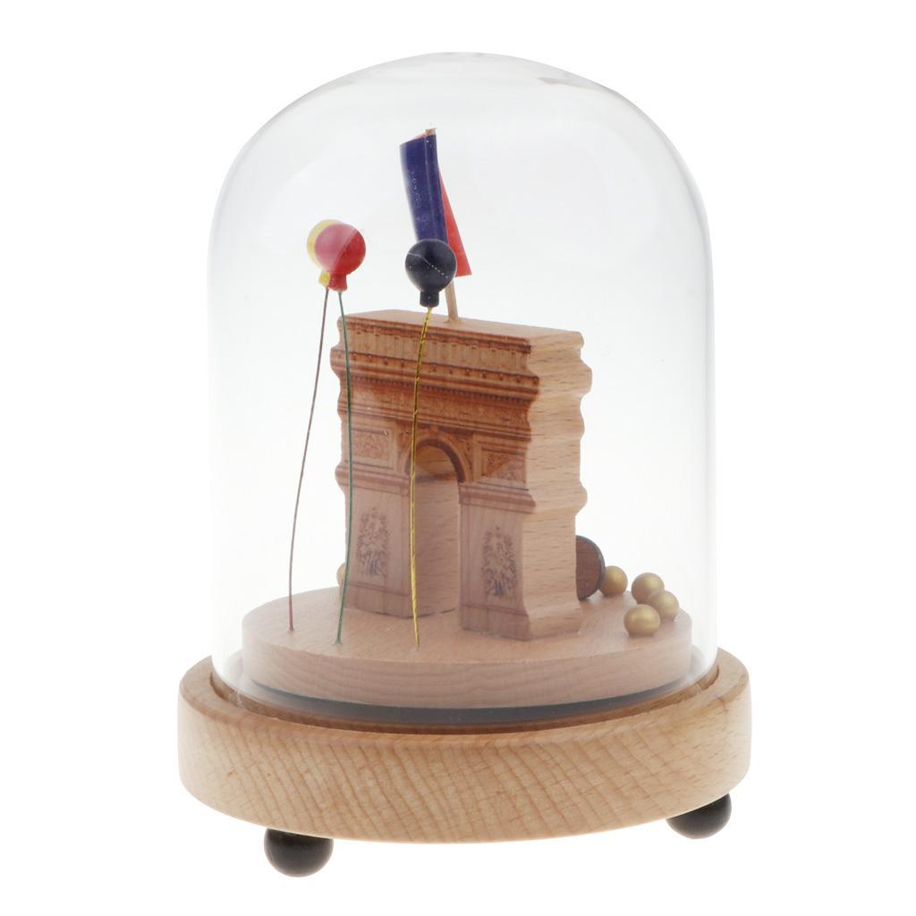 Wooden Luminous Rotating Music Box w/ Glass Dome Home Decor Ornament Gift - Triumphal Arch
