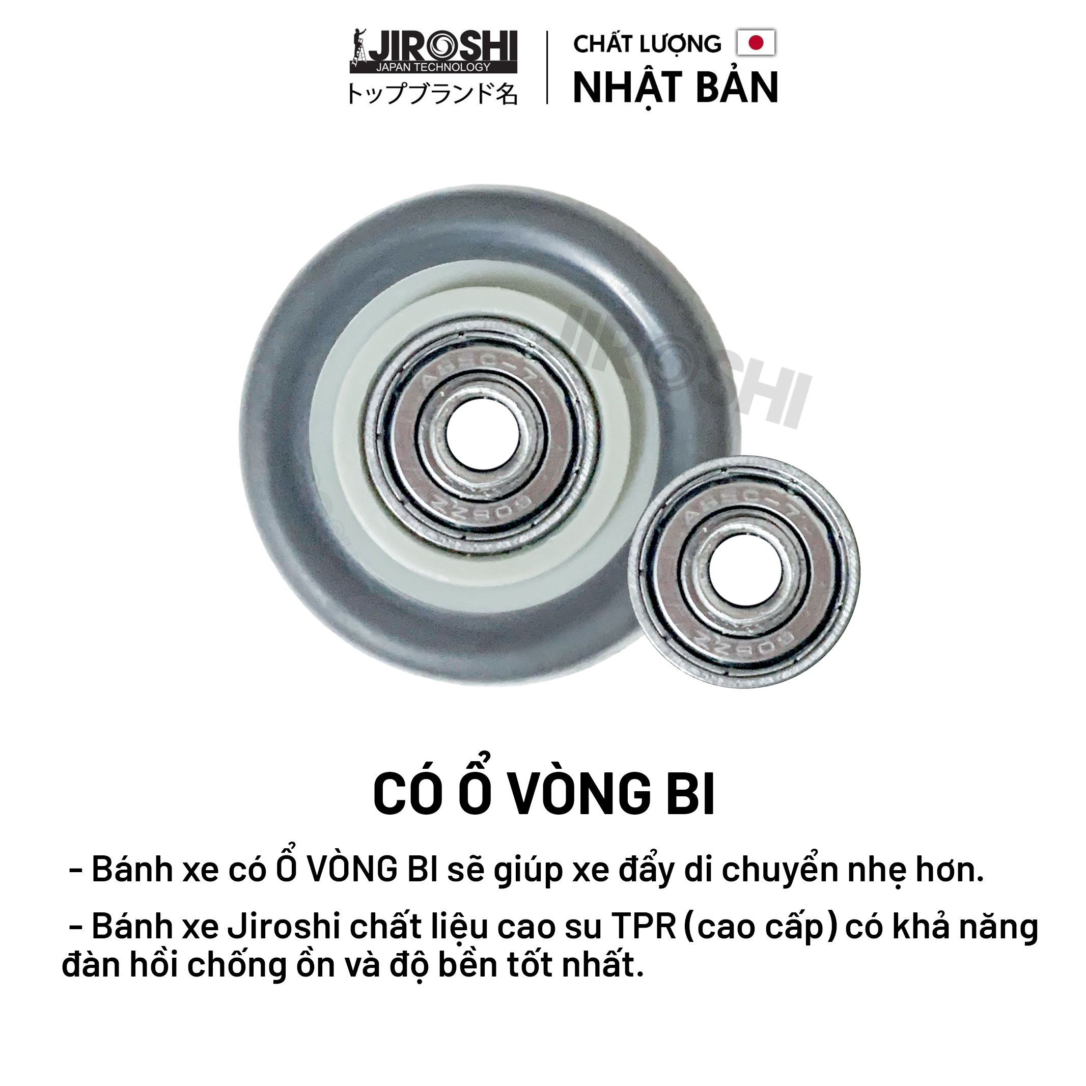 Bánh xe đẩy hàng cao su TPR chống ồn xoay 360 có khóa, có ổ bi, 50mm.