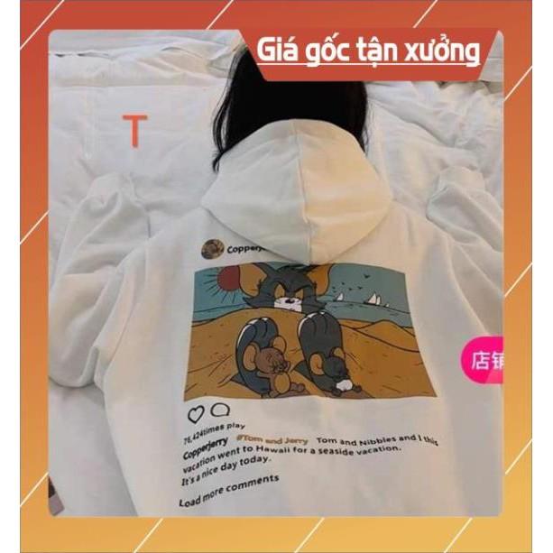 Áo hoodie nỉ TVSTORE ️ áo in hình mèo và 2 chú chuột nỉ cotton dày co giãn siêu ấm tay bồng form rộng màu trắng