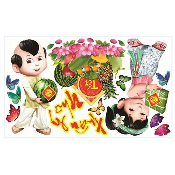 Decal Dán Tường Tranh Trí Tết Bé Đón Xuân