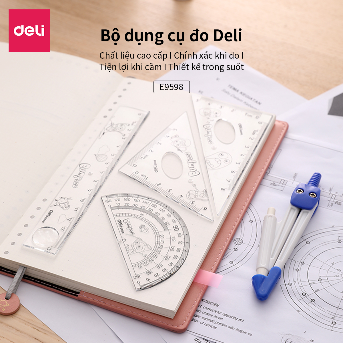 Bộ Dụng Cụ Đo Deli, Trong Suốt Gồm 5 Dụng Cụ/Hộp - E9598