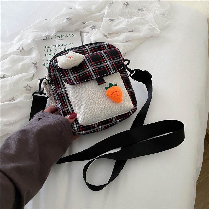 Canvas Bag All-Match Messenger Bag Cartoon Cute Plaid Shoulder Bag Fashion