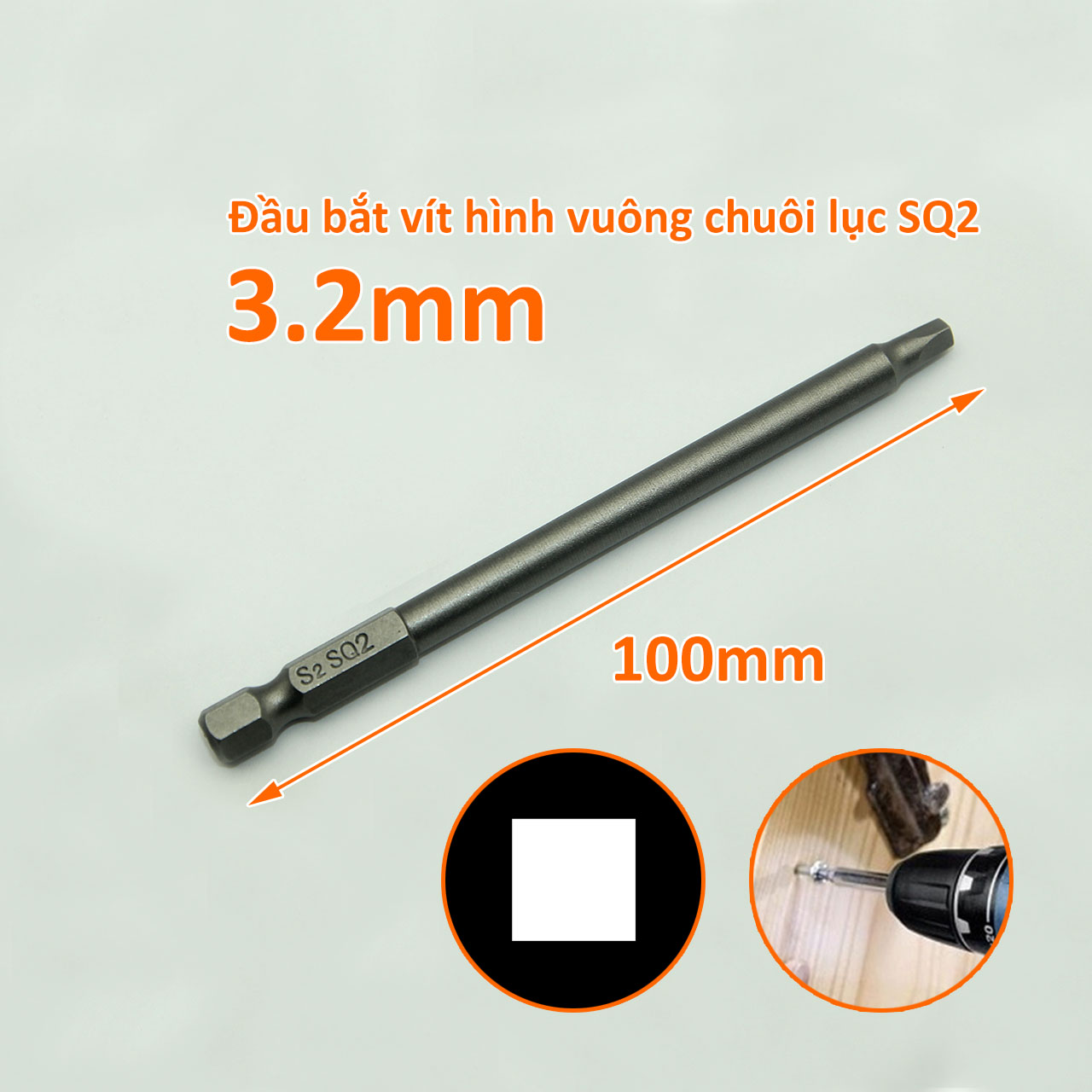 Đầu bắt vít hình vuông SQ3  dài 100mm chuôi lục thép S2