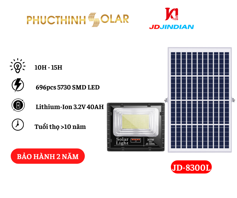 Đèn Năng Lượng Mặt Trời 300W Jindian JD-8300L, Đèn Pha Led Chống Nước IP67 Cảm Biến Ánh Sáng Có Remote Phúc Thịnh Solar