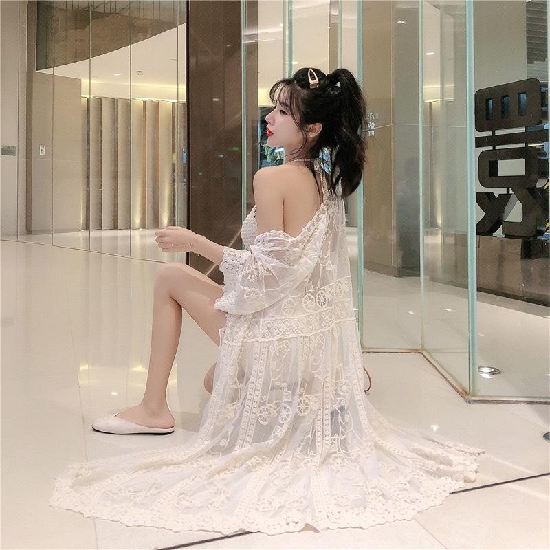 Set Đi Biển Chất Liệu Len Móc Gồm Áo Khoác, Quần, Áo Yếm