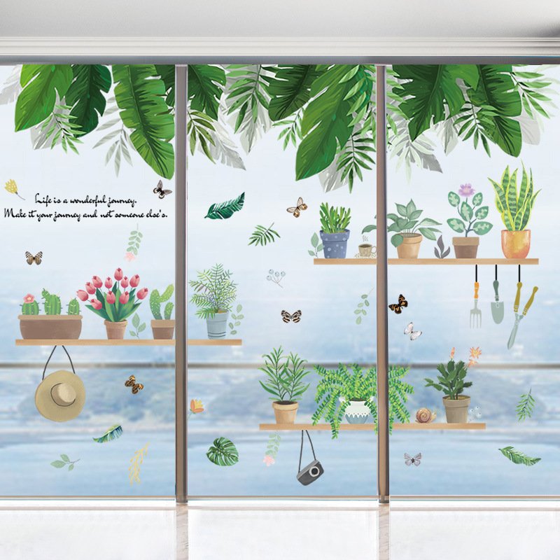 Decal dán tường chậu cây lá xanh nhiệt đới tươi mát