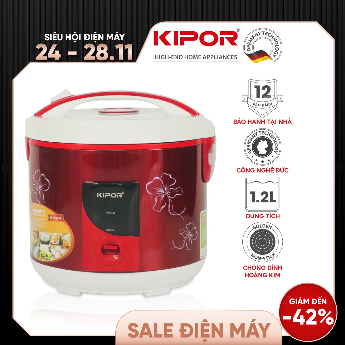 Nồi cơm điện KIPOR KP-N25912 - 1.2L - Phủ chống dính HOÀNG KIM, Nồi cơm có tặng kèm vỉ hấp - phù hợp 2-3 người ăn - Hàng chính hãng