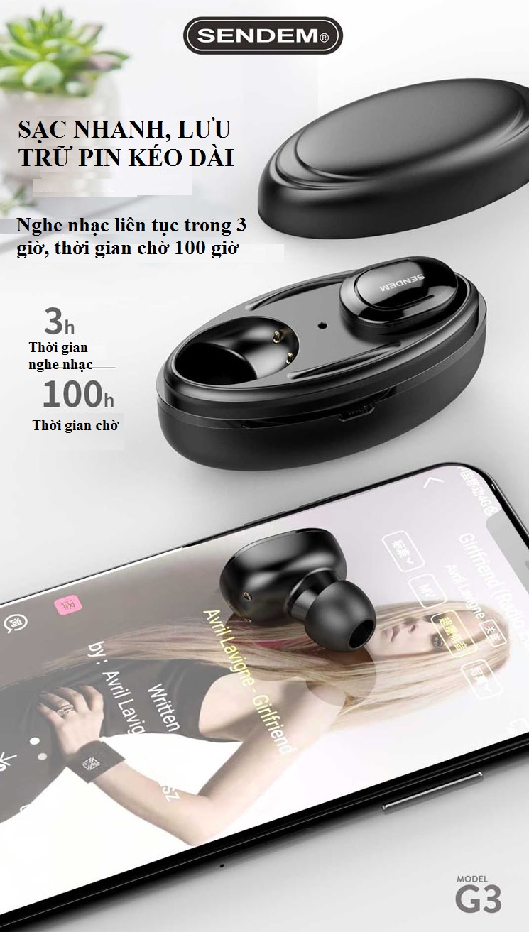 Tai nghe Bluetooth True Wireless SENDEM G3 V5.0 siêu nhỏ - Hàng chính hãng