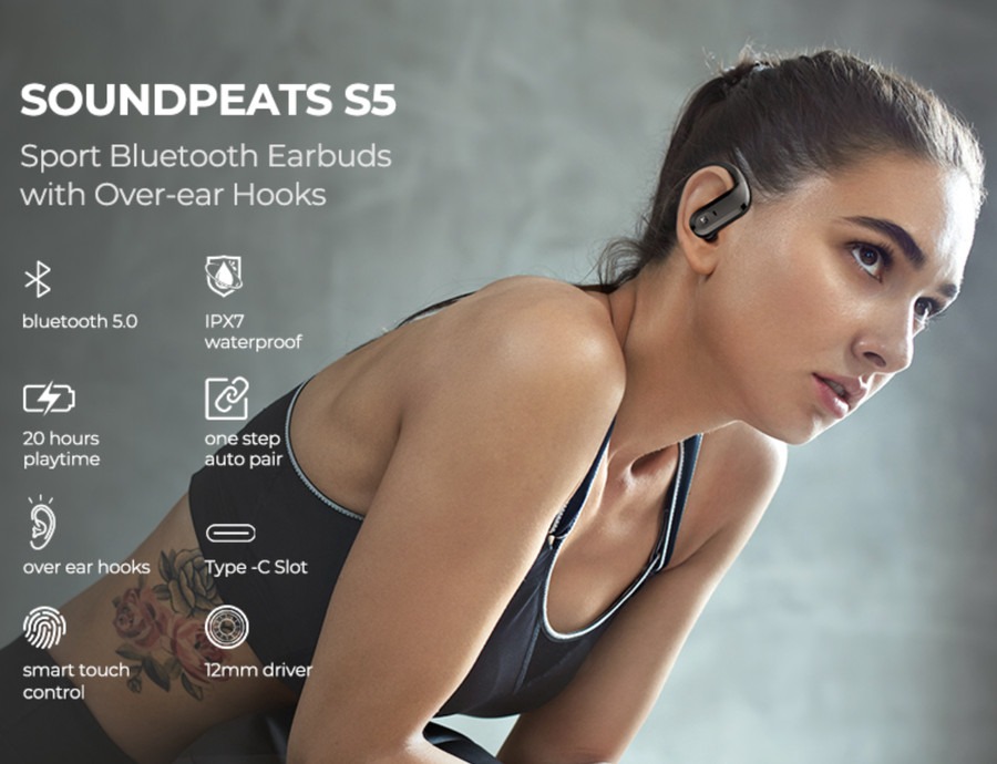 Tai Nghe True Wireless Thể Thao Earbuds SoundPEATS S5, Chống thấm nước IPX7, Driver 12mm - Hàng Chính hãng