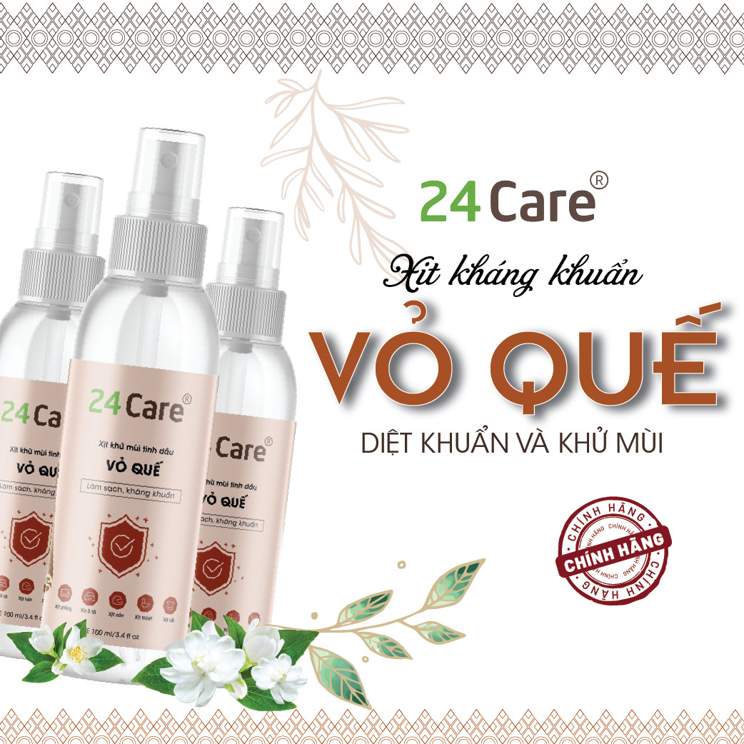 Combo 2 chai Xịt Phòng Tinh Dầu Quế Hữu Cơ Organic 24Care 100ML/Chai - Kháng khuẩn - Khử mùi hôi - Đuổi muỗi - côn trùng - Hương thơm thư giãn.