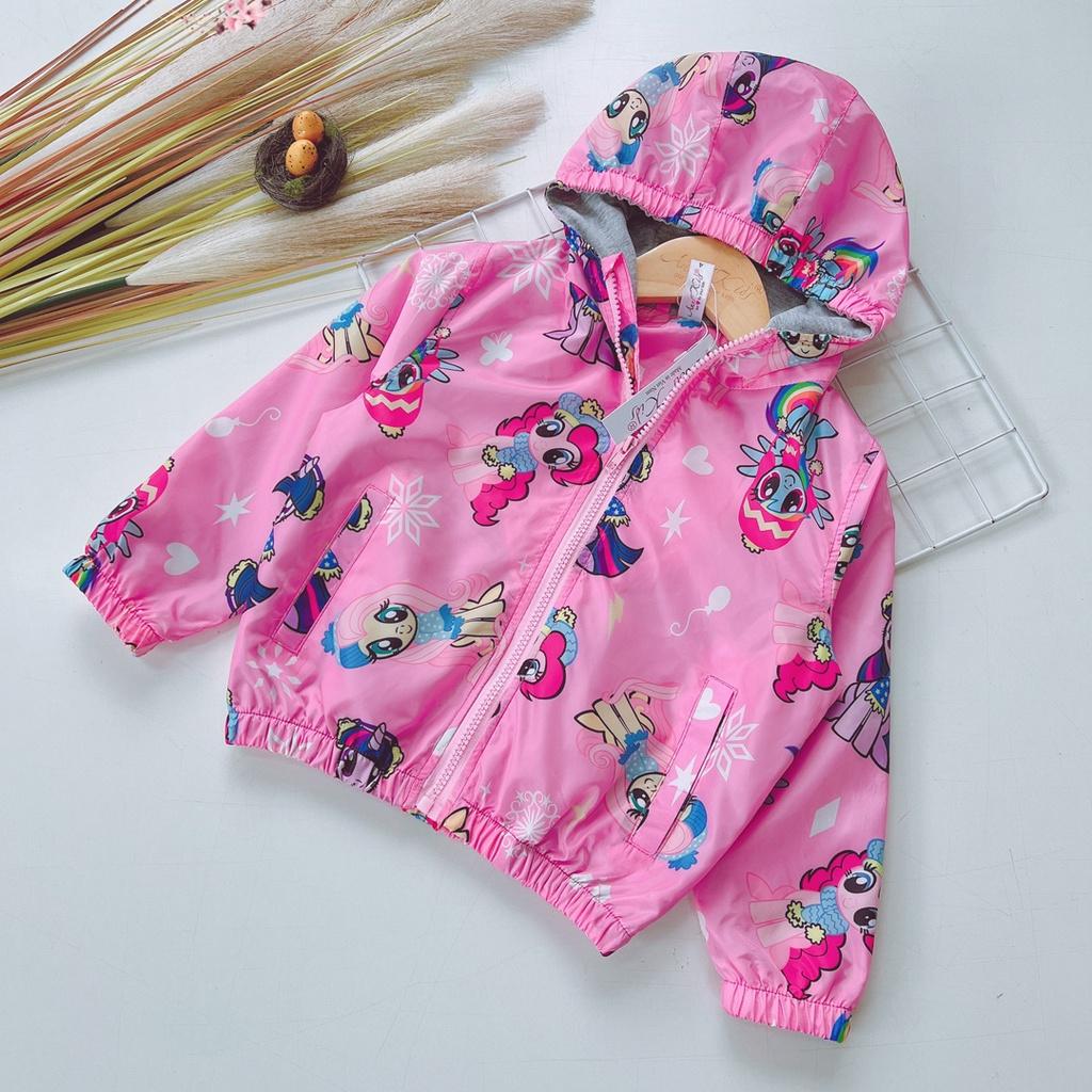 Áo khoác gió 2 lớp lót cotton mềm mại và thoáng mát in ngựa pony và công chúa elsa bé gái