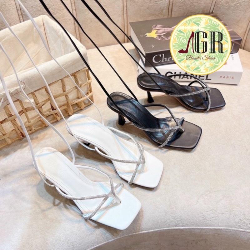 Sandal kẹp 3 dây đính đá dây vòng cổ chân gót nhọn 6p