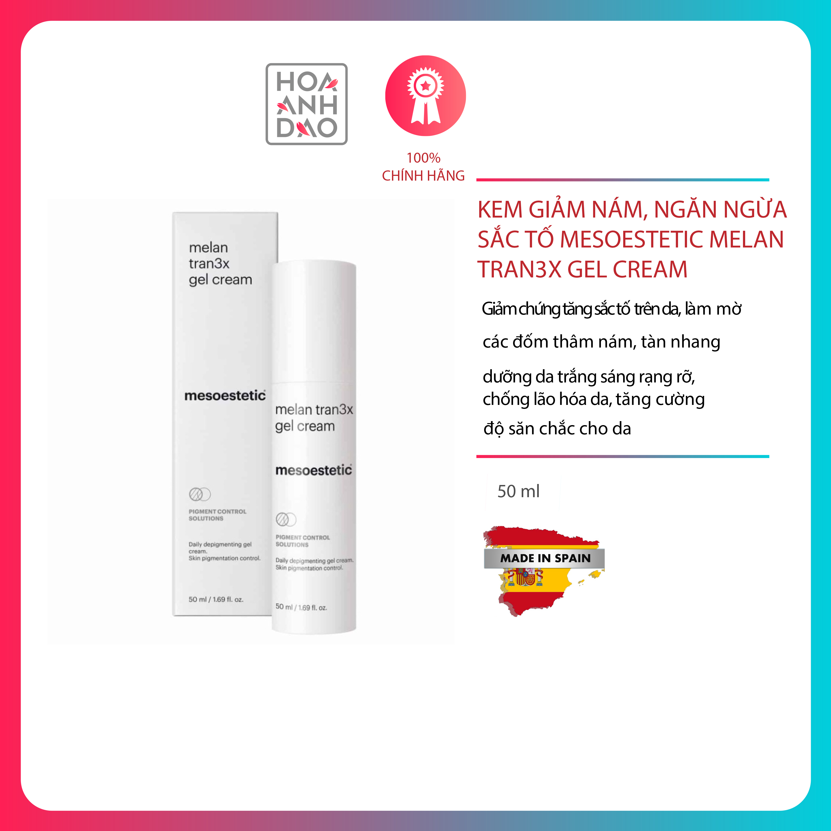 Kem giảm nám và ngăn ngừa hình thành sắc tố da dạng gel Mesoestetic Melan Tran3x Gel Cream