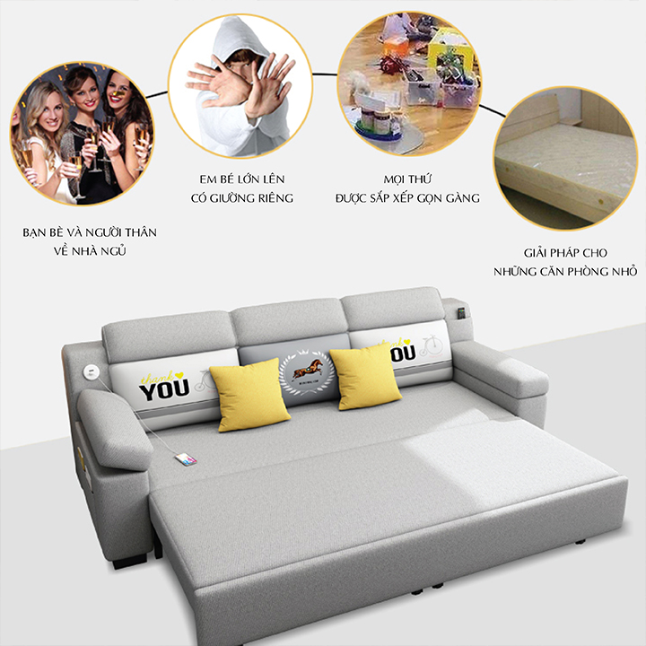 Sofa giường thông minh đa năng - Giường ngủ gấp gọn có khoang chứa đồ, cổng sạc USB, vỏ bọc là vải lanh cao cấp