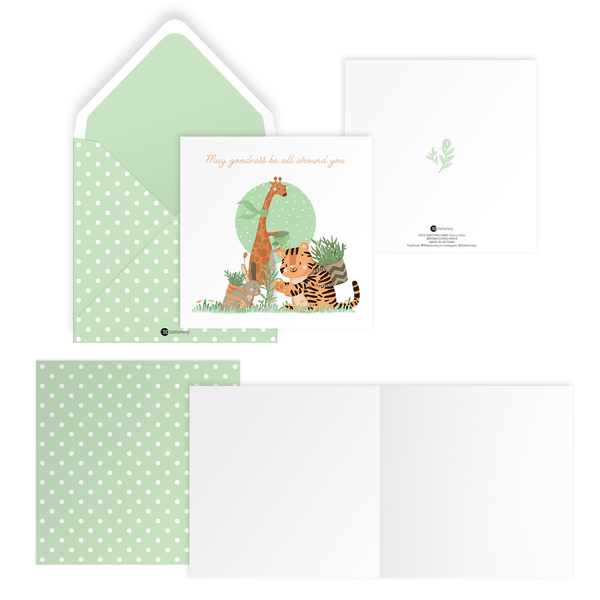 Thiệp tình bạn, chúc mừng MAY GOODNESS BE ALL AROUND YOU vuông 12cm SDstationery LIVE GREEN hươu cao cổ, cọp, thỏ