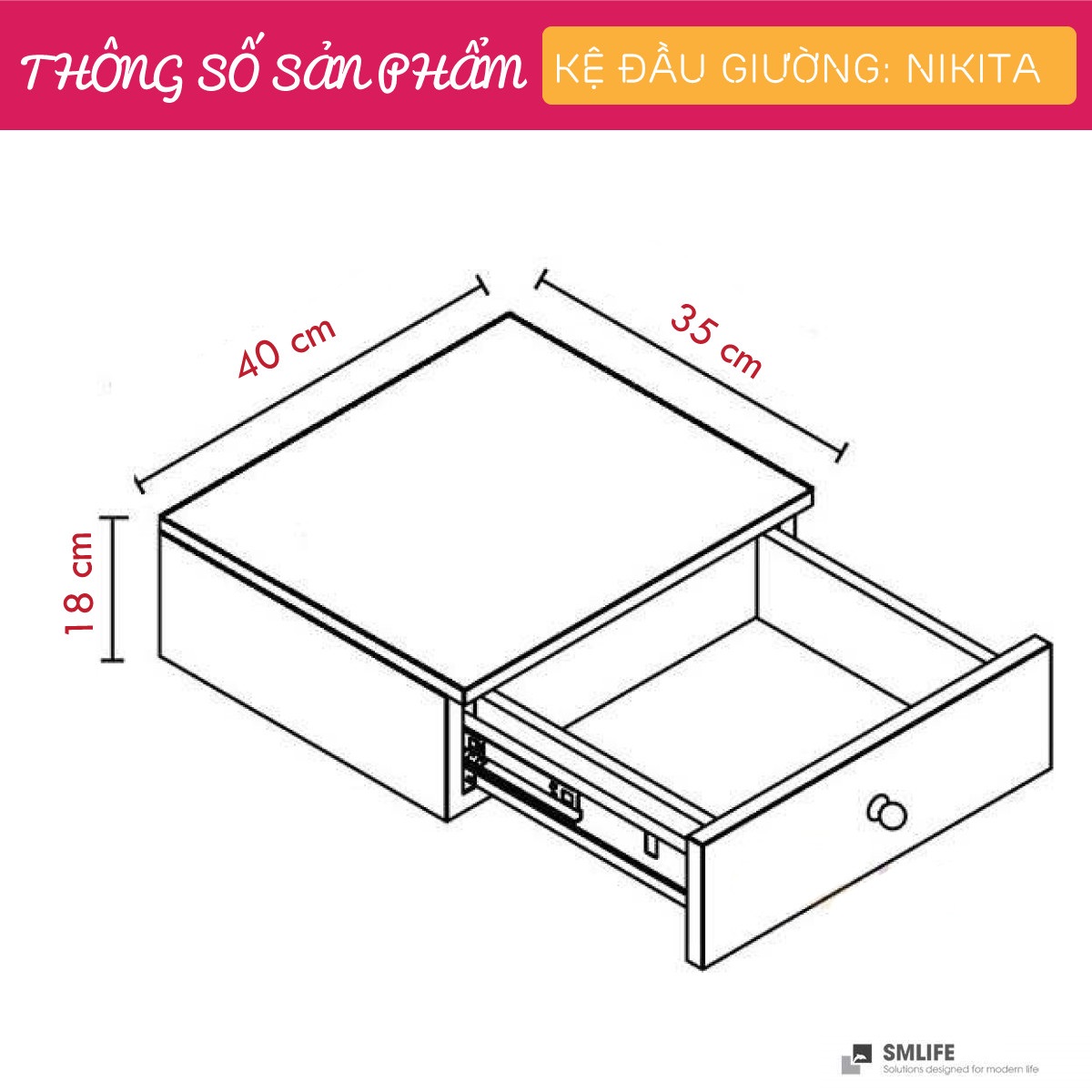 Tủ gỗ đầu giường hiện đại SMLIFE Nikita | Gỗ MDF dày 17mm chống ẩm | D40xR35xC18cm