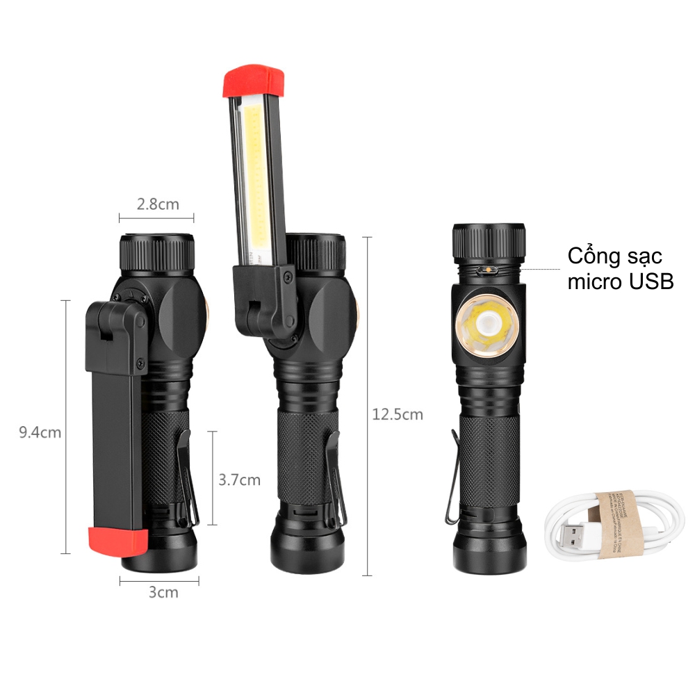 Đèn pin sạc siêu sáng LED - COB đuôi nam châm