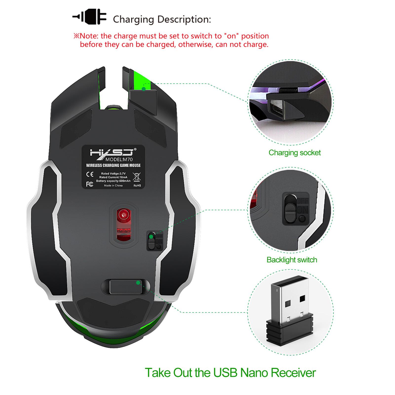 HXSJ M70 2.4G Wireless Charging Game Mouse Colorful Breathing Light Gaming Mouse with Adjustable DPI for PC Notebook