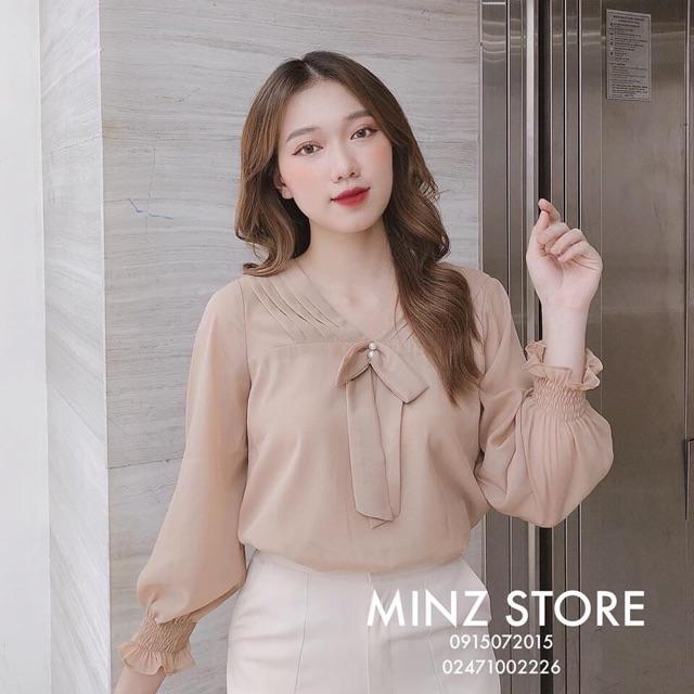 Sơ mi be cổ nơ tay bo chun dài tay