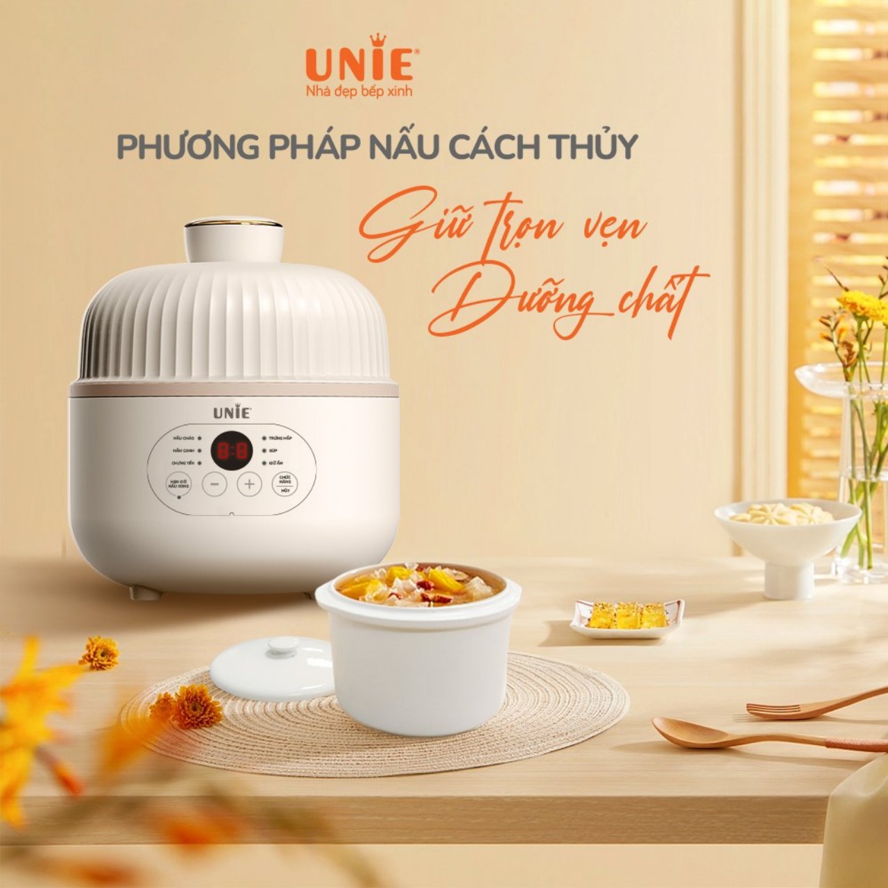 Nồi Nấu Chậm Unie USC08W, Thố Gốm 0.8Lit, 6 Chức Năng, Hẹn GIờ Nấu 12 Tiếng, Hàng Chính Hãng