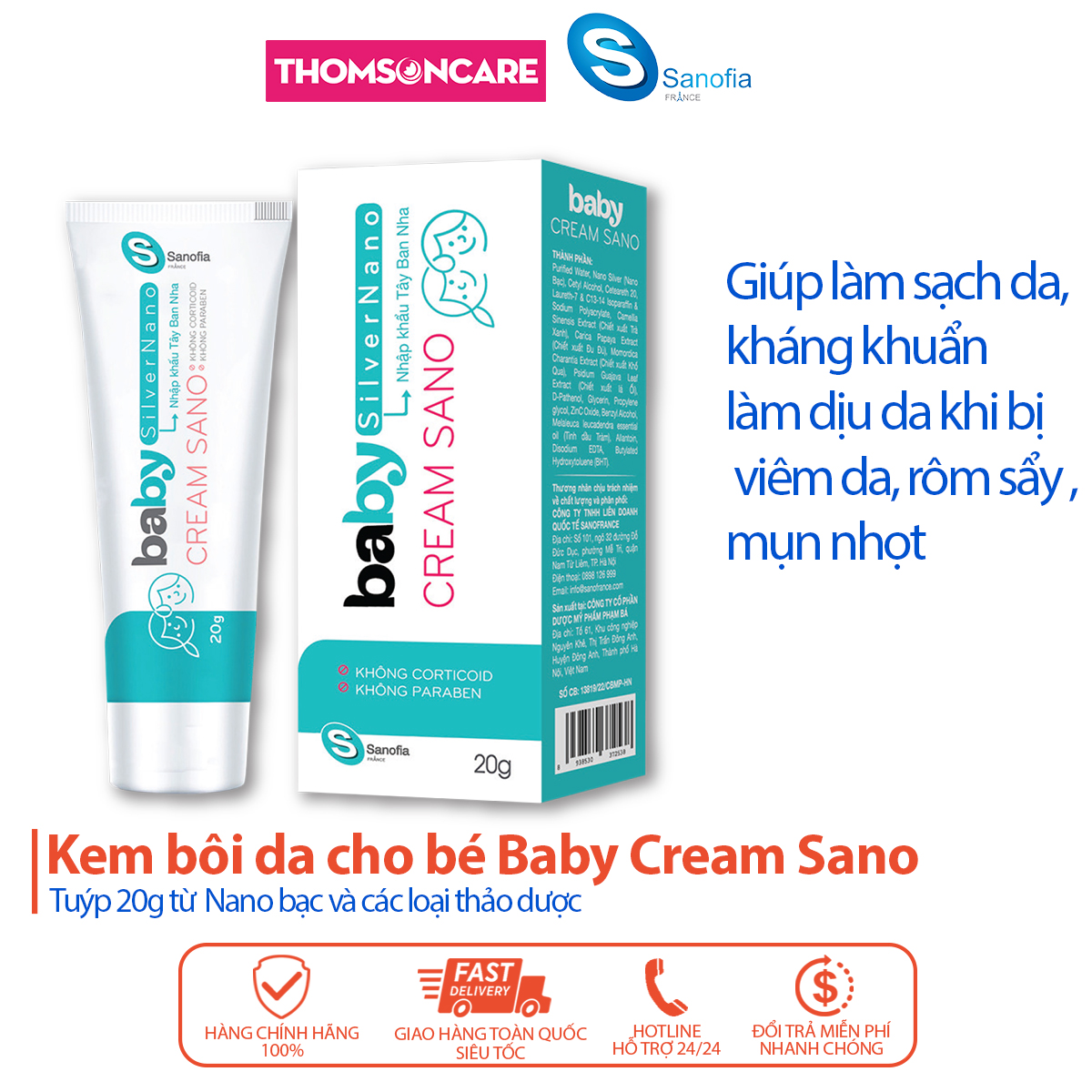 Kem bôi da cho bé Baby Cream Sano Sanofia France-Tuýp 20g  Giúp làm sạch da kháng khuẩn, làm da mềm mại- Từ Nano bạc - Thomsoncare