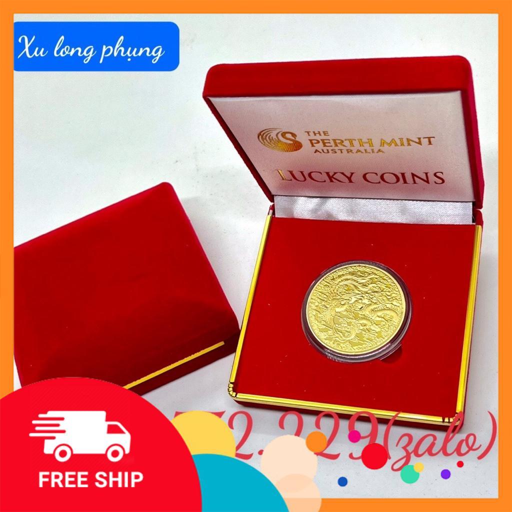 Đồng xu Long Phụng phong thuỷ may mắn tặng hộp nhung ,móc khóa, túi gấm đỏ may mắn tai lộc