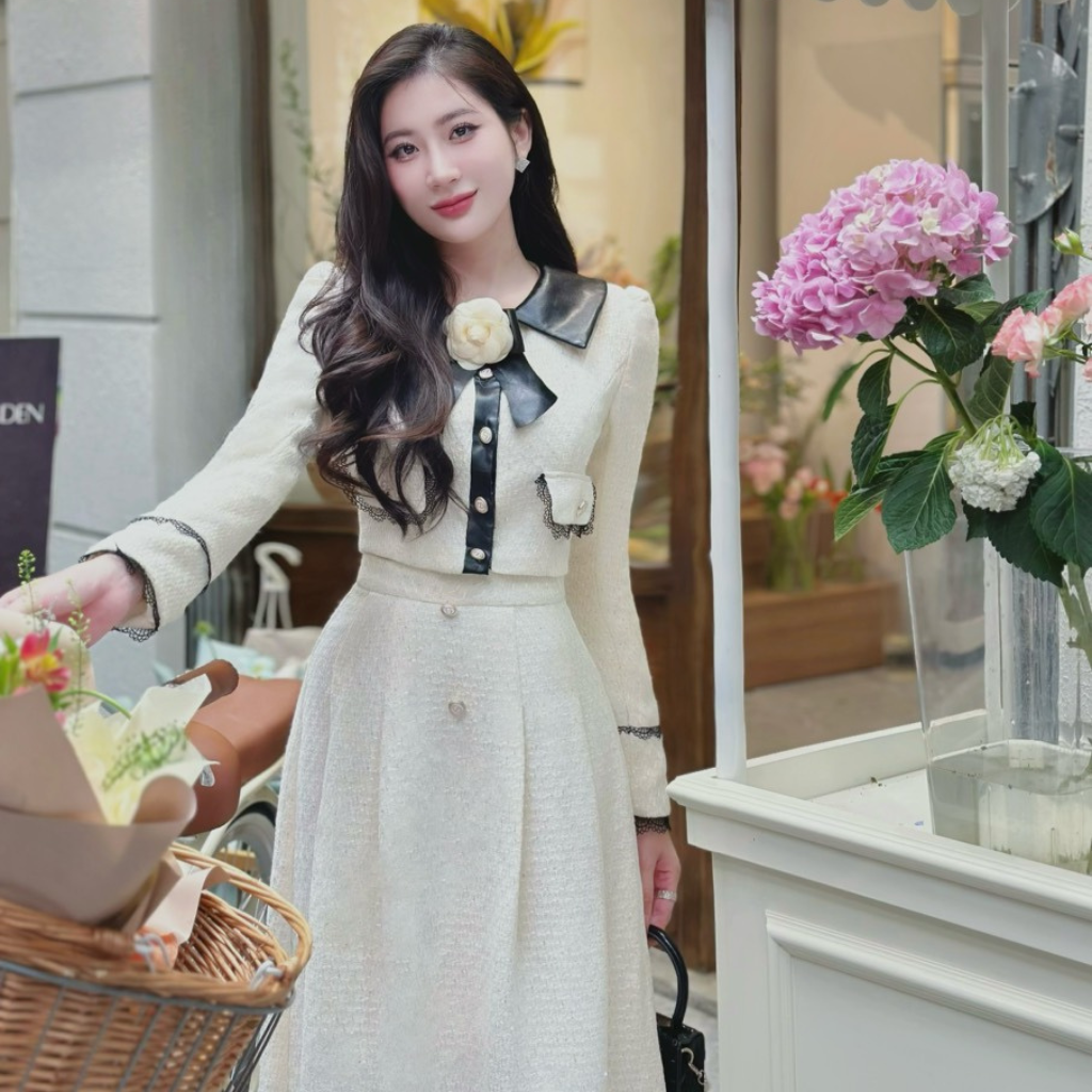 Set Đầm Thiết Kế MAY CH127 Cúc Đá Tặng Tag Hoa - Set Váy Thiết Kế Sang Trọng Chuẩn MAY