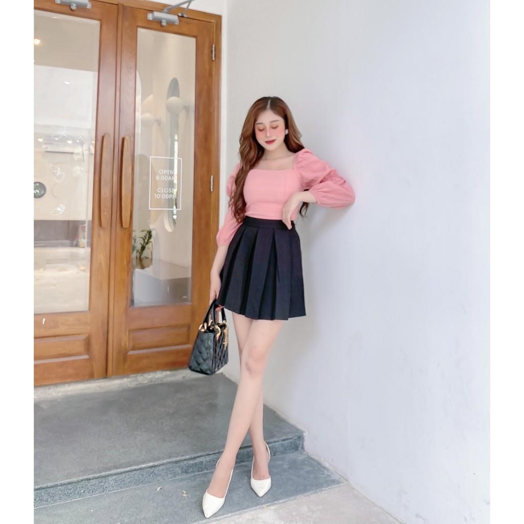 SET ÁO KIỂU XỐP NHÚN CROPTOP CỔ VUÔNG TAY DÀI+CHÂN VÁY XẾP LY-hình thật shop chụp