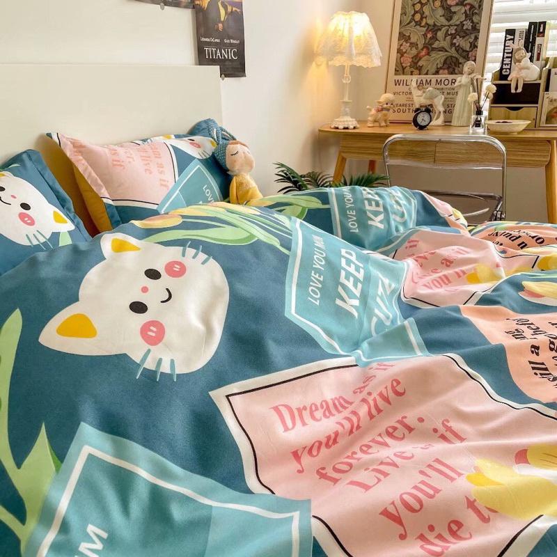 Bộ chăn ga gối cotton poly - Mẫu mèo xanh cute