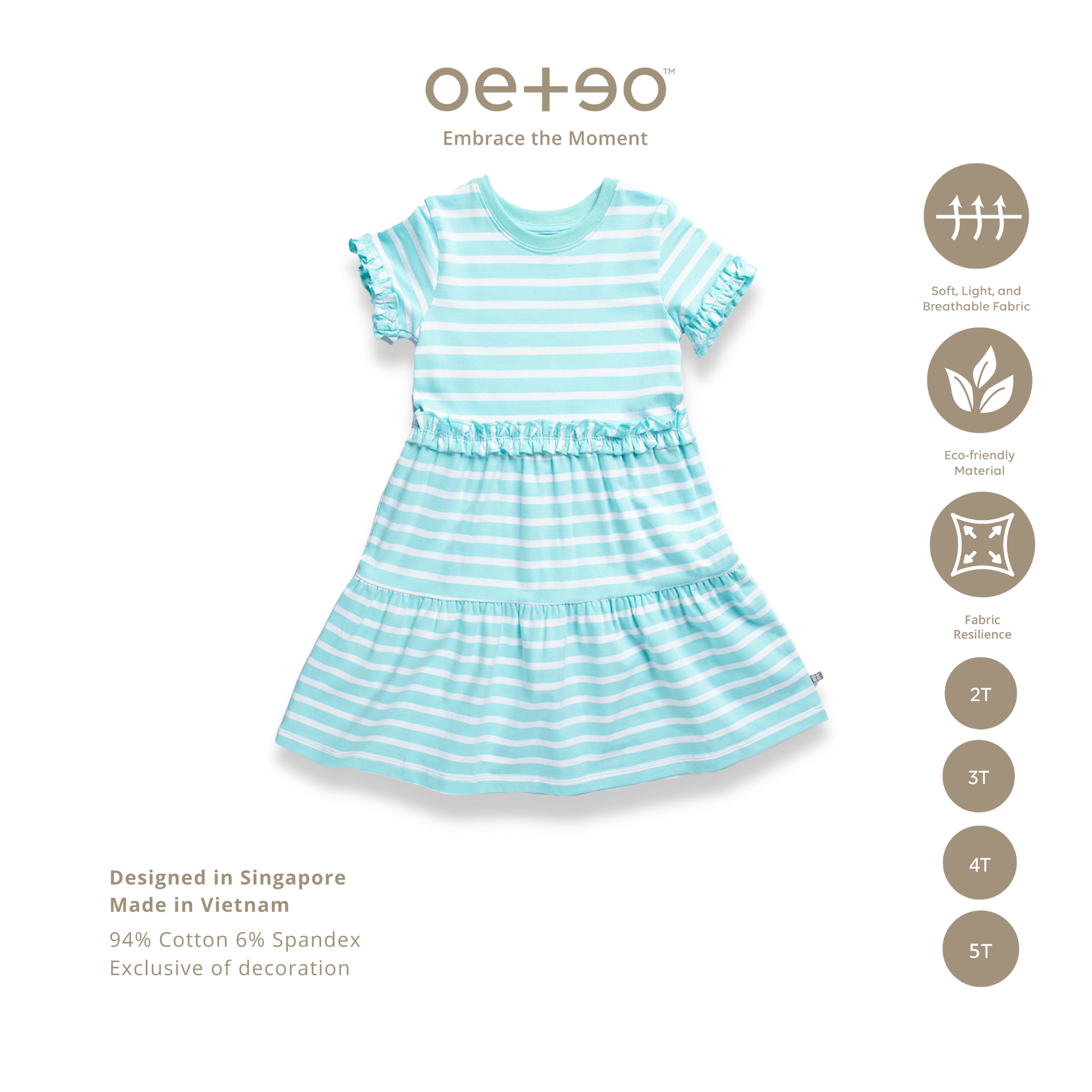 Đầm cộc tay bé gái 2 - 5 tuổi vải cotton hữu cơ in họa tiết kẻ sọc ngang TDRSMLD1-1495 | OETEO Bosom Buddy