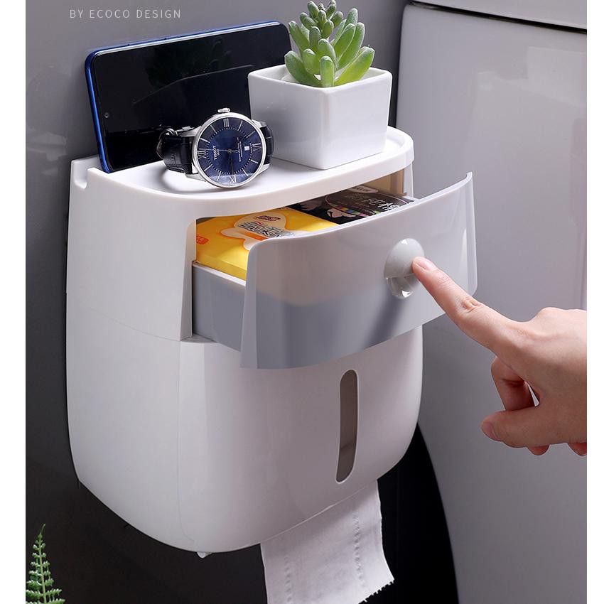 Hộp giấy vệ sinh treo tường loại to thiết kế 2 tầng có ngăn kéo bên trên, dễ dàng đựng đồ nhỏ chống nước