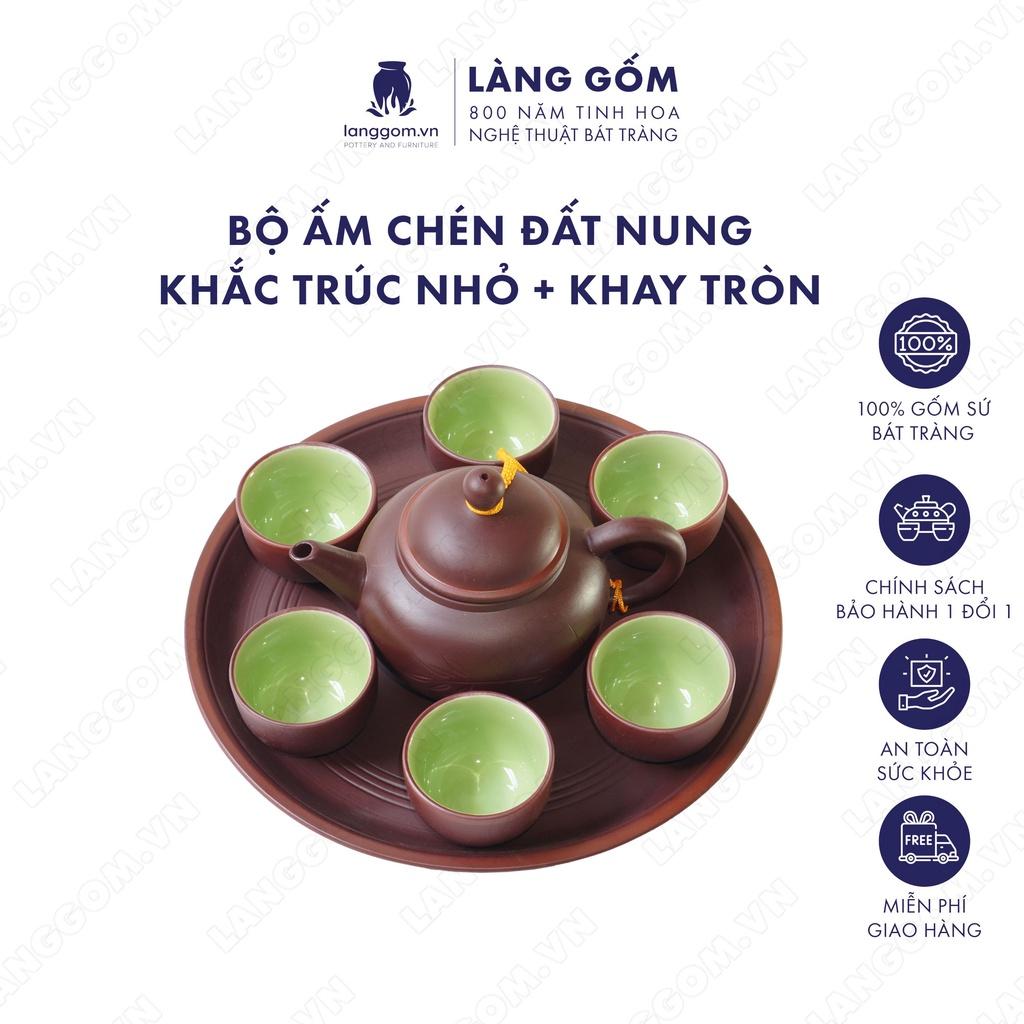 Bộ ấm chén đất nung khắc trúc nhỏ + khay tròn - Men mộc - Gốm sứ Bát Tràng - langgom.vn