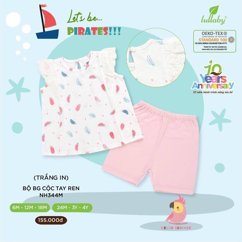 LULLABY - Bộ quần áo bé gái cộc tay ren NH344M (trắng in)