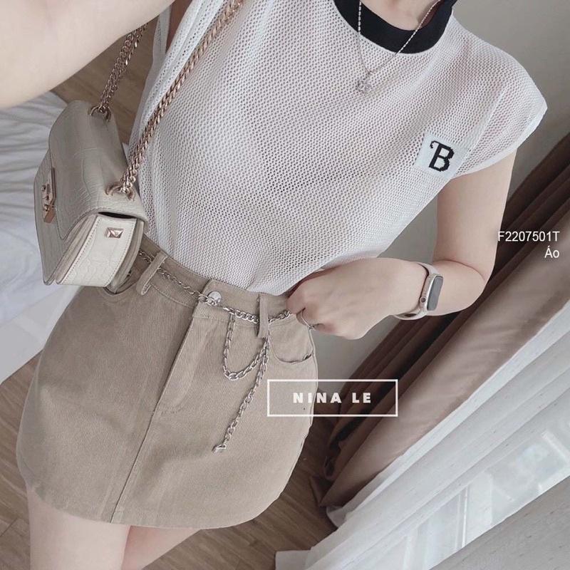 Áo LƯỚI len Montoghi dệt kim CHỮ B tay hến viền cổ tròn hàng Quảng Châu xinh xắn
