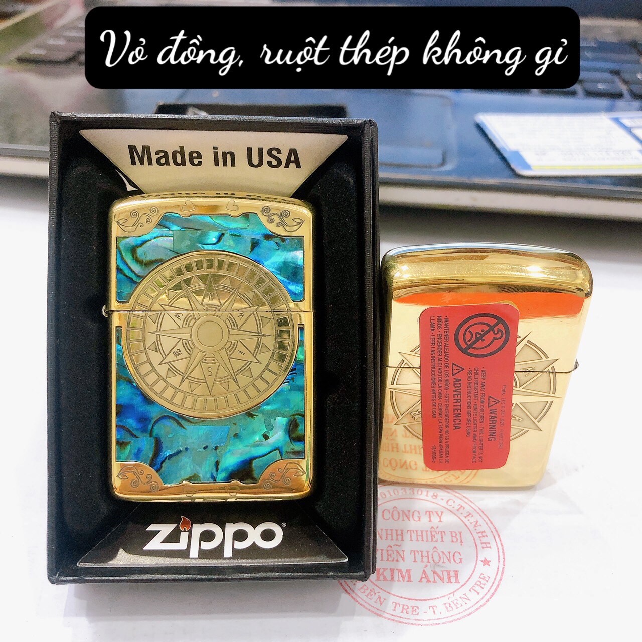 Bật lửa Zip po Brass, Armor vỏ dầy khắc chìm cẩn xà cừ mẫu la bàn, vỏ đồng ruột thép không gỉ, có tem đỏ