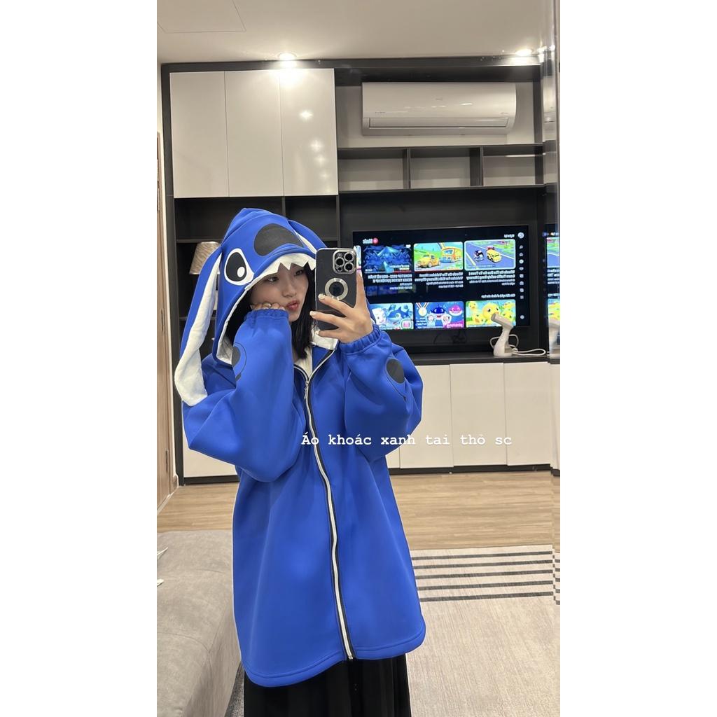 Đẳng cấp áo khóa có mũ hình gấu stick màu xanh form rộng áo hoodie zip unisex hot trend