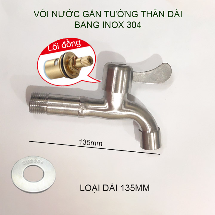 Vòi nước lạnh gắn tường bằng inox 304 thân dài 135mm-180mm tùy chọn