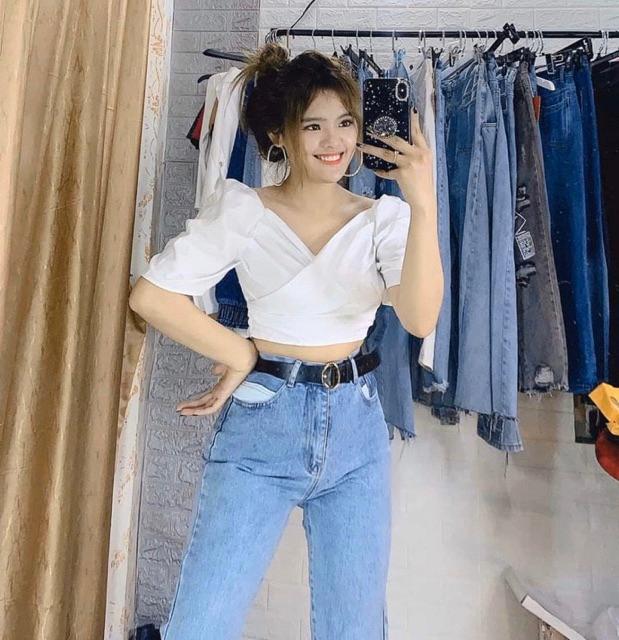 Áo xếp ly tay phồng chéo ngực croptop nhún sau - z7u