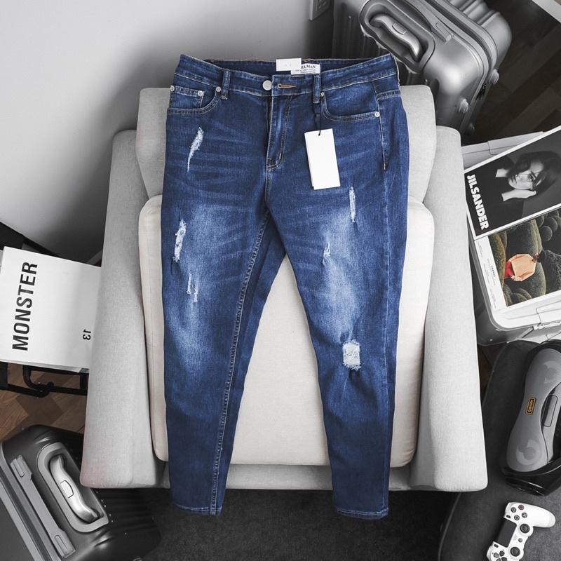 Quần Jean Nam Xanh Đậm mài rách ôm dáng xuất dư xịn chất bò co giãn