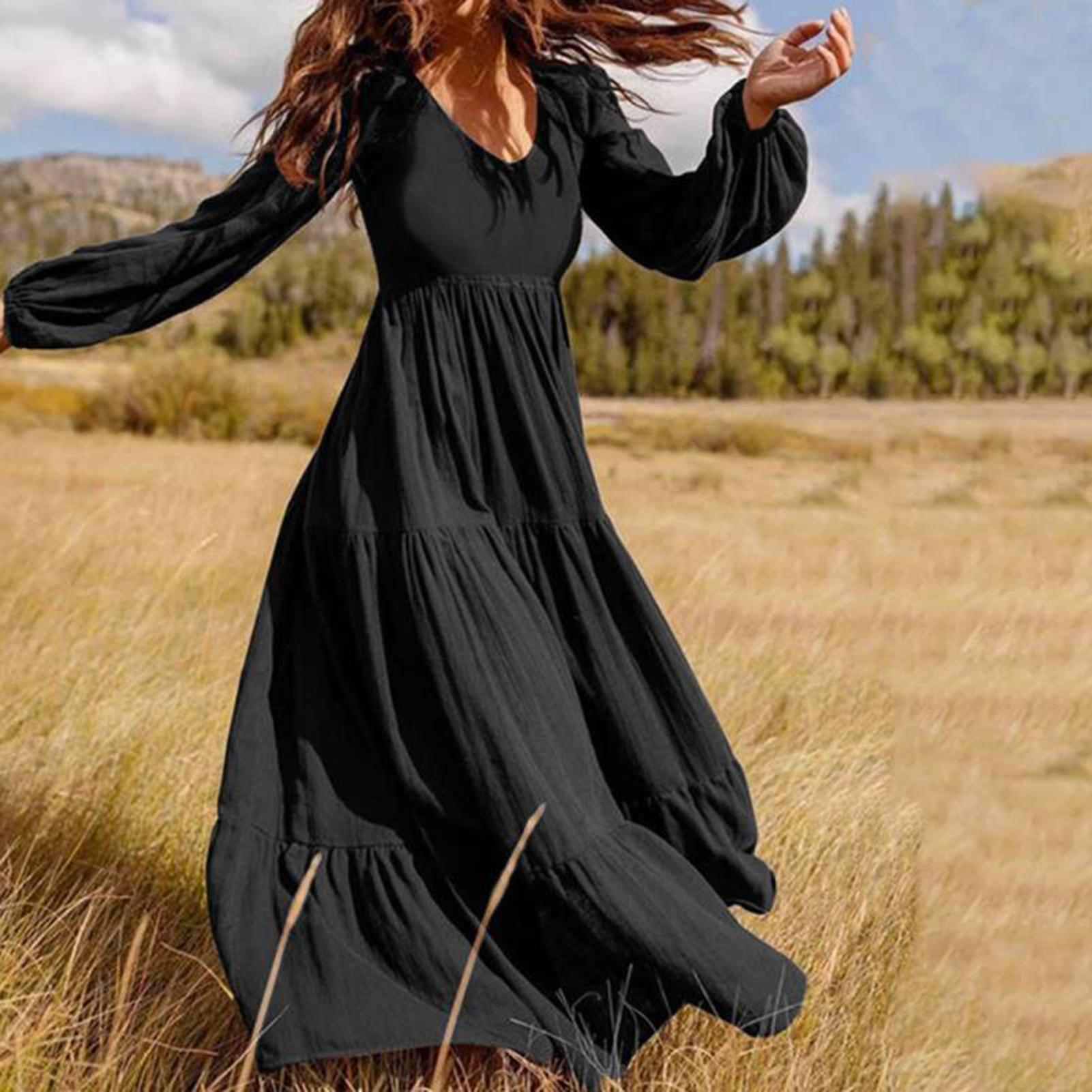 Fashion Women Solid Color Dress V Neck Long Sleeve High Waist Ruched Casual Maxi Dress