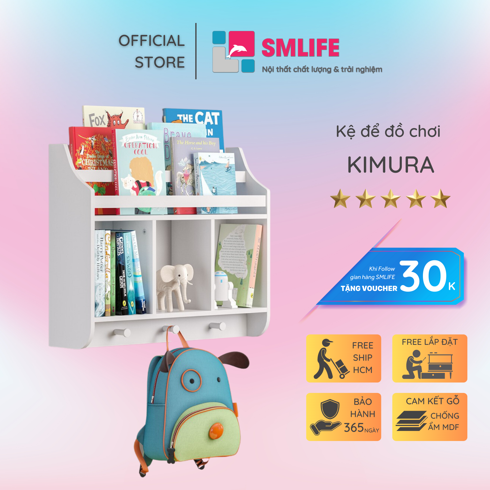 Kệ để đồ chơi cho bé SMLIFE Kimura | Gỗ MDF dày 17mm chống ẩm | D60xR20xC52cm