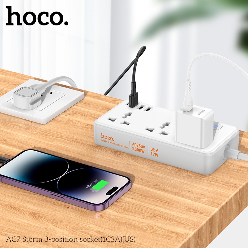 Ổ cắm điện đa năng sạc nhanh PD 17W cổng 1 typeC + 3 cổng USB có 3 lỗ cắm tải 2500W dây dài 1.5m - Hàng chính hãng